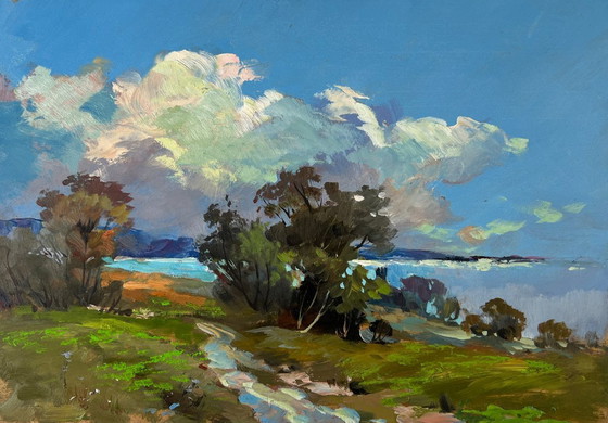 Image 1 of Peinture à l'huile originale, paysage de route d'été. L'harmonie paisible de la nature.