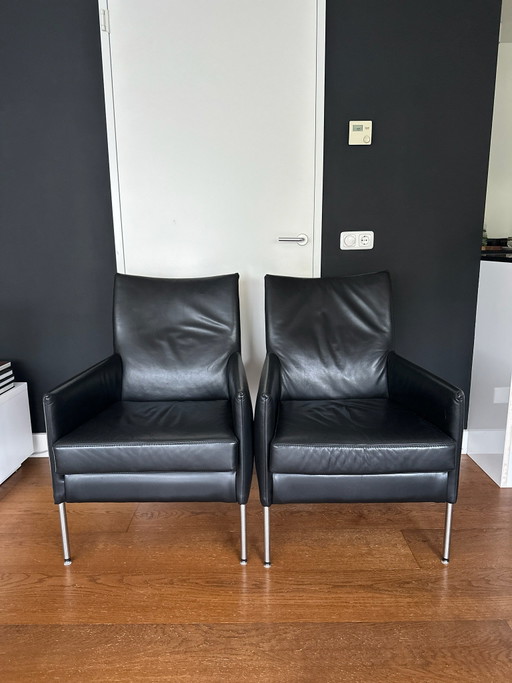 Sillones Enzo Luca (juego de 2), cuero negro con patas de acero inoxidable