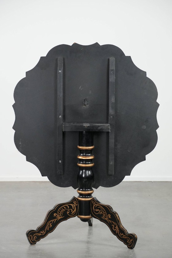 Image 1 of Antique English hand-painted floral tilt-top table from the late 19th century