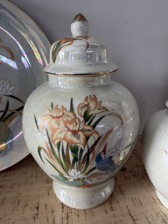 Image 1 of Uniek 5 delige handbeschilderde porseleinen set met de ijsvogel (Japans)