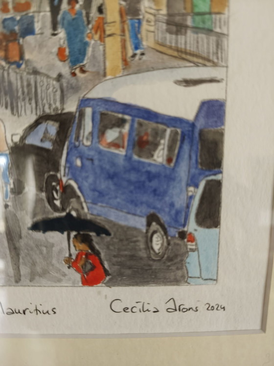 Acquerello "Street life Port Louis Mauritius", Dipinti e disegni, Carta, Multicolore (foto 7 di 8)