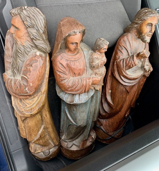 Ensemble de 3 grandes statues sacrées en bois (la Vierge et Moïse) – bois massif, jusqu'à 63 cm, avec peinture d'origine