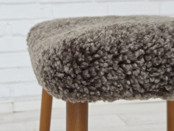 Image 1 of 1960s Reupholstered Danish Armchair with Stool, Genuine Sheepskin