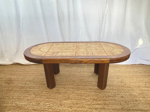 Herbarium coffee table in ceramic and solid wood, signed