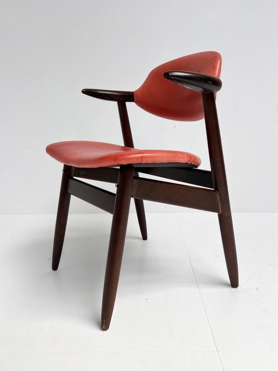 Image 1 of Roter Leder-Kuhhornstuhl für Renovierung, 1970er Jahre
