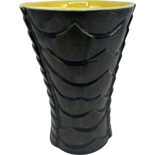 Vase vintage en céramique noire avec décoration graphique, 1950