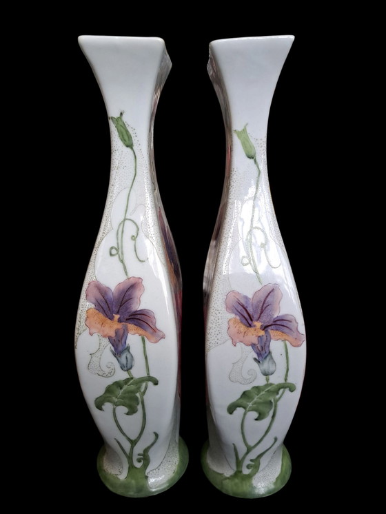 Image 1 of Two Art Nouveau Style Vases 2nd Half 20th Century, Hand-Painted With Flower Representations