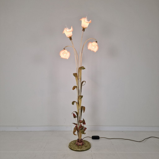 Italian Floor Lamp with Metal Stems, Leaf Details and Murano Glass Flower Shades
