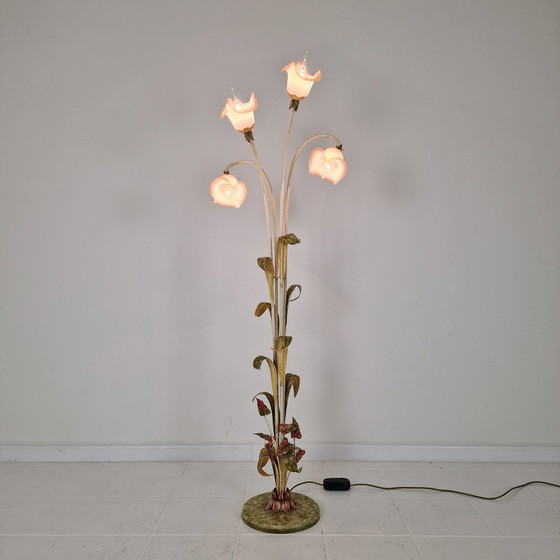 Image 1 of Italian Floor Lamp with Metal Stems, Leaf Details and Murano Glass Flower Shades