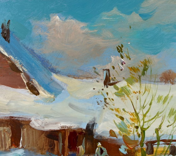 Image 1 of Original Oil Painting Winter Houses Landscape Winter comfort