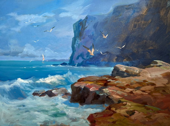 Image 1 of Pintura al óleo original Paisaje de rocas marinas Brisa marina en un día despejado