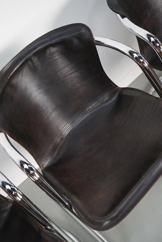 Image 1 of Set van vier bruine leren eetkamerstoelen, Willy Rizzo, jaren 1970