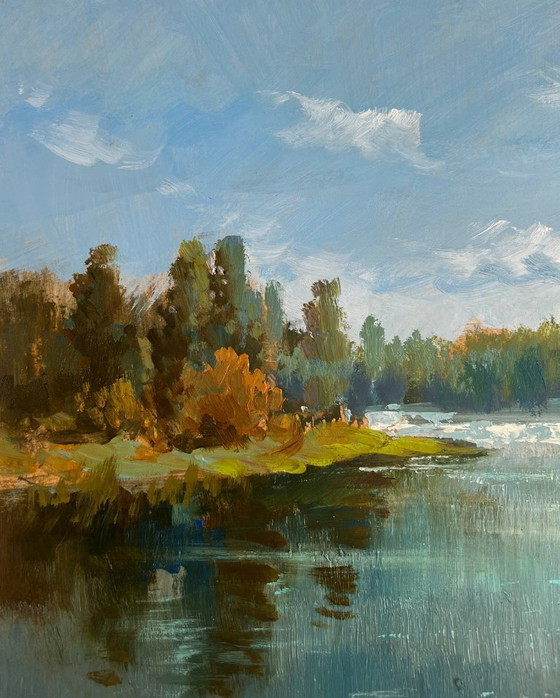 Image 1 of Original Oil Painting Summer Coastal Landscape A lonely boat by the river