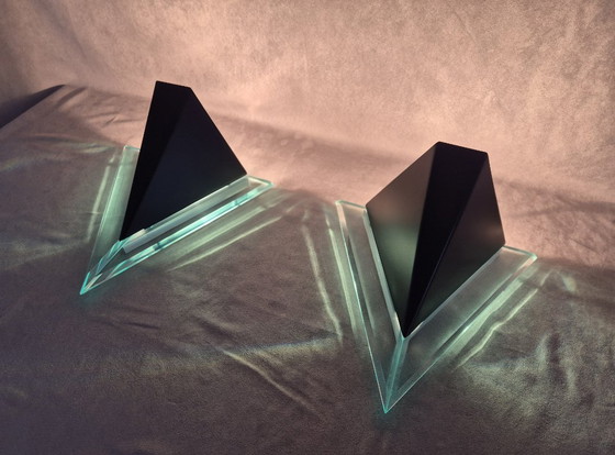 Image 1 of Postmodern Lucite Wall Lamps (80s/90s) — Sculptural Geometric Design, Ambient Uplight & Turquoise Glow, E27, Set of 2