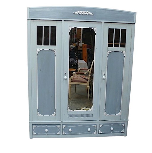 Closet Art Nouveau softwood 3 doors 3 drawers, shabby meerschaum blue, around 1910