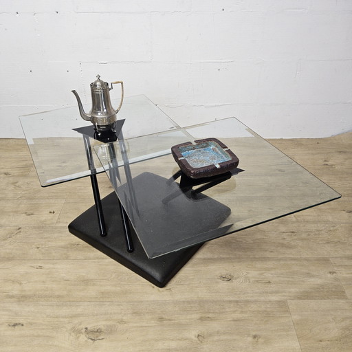 Vintage (1980) Design Italian Glass Coffee Table Bellato / Postmodern Italian Adjustable Glass Coffee Table