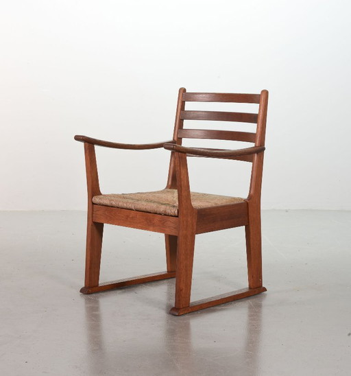 Very Rare Single Bas van Pelt Brutalist Oak Armchair with Woven Rush Seat for My Home. The Netherlands, 1940s.