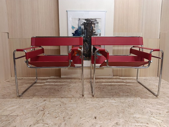 Image 1 of KNOLL Studio Set van 2 WASSILY B3 fauteuils (NIEUW) in rood leer