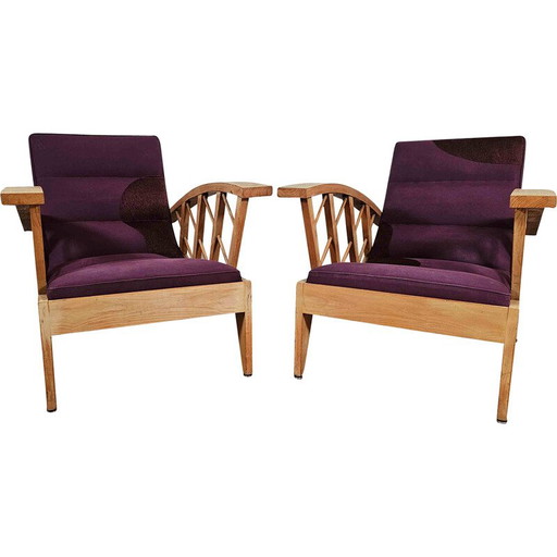 Paire de fauteuils vintage à croisillons en tissu Canovas brodé par Lesage, 1950