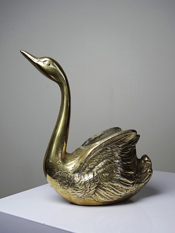 Image 1 of Vintage swan planter/trinket dish in cast gold brass, 1970s-80s