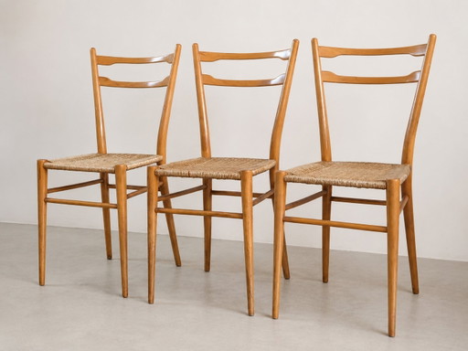 Set di 3 sedie vintage in legno con seduta intrecciata Gio Ponti