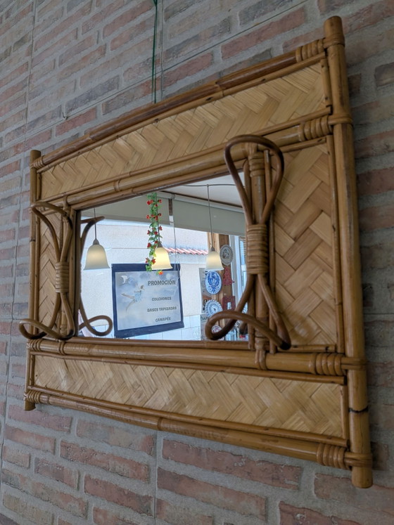 Kleiderständer mit Spiegel aus Bambus und Rattan., Glas, Braun (Foto 4 von 10)