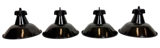 Set of 4 Industrial Black Enamel Factory Lamps with Cast Iron Top, 1950s