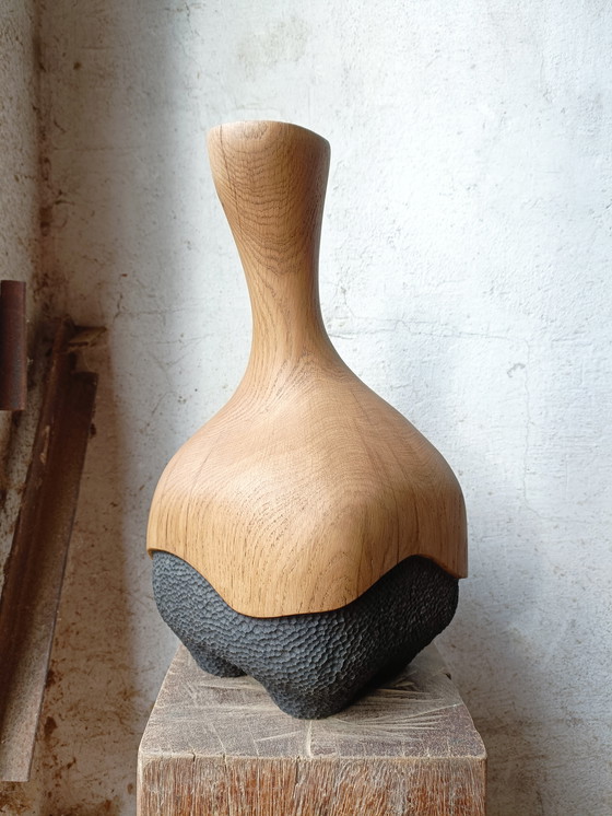 Image 1 of Large vase/sculpture in solid carved and textured oak
