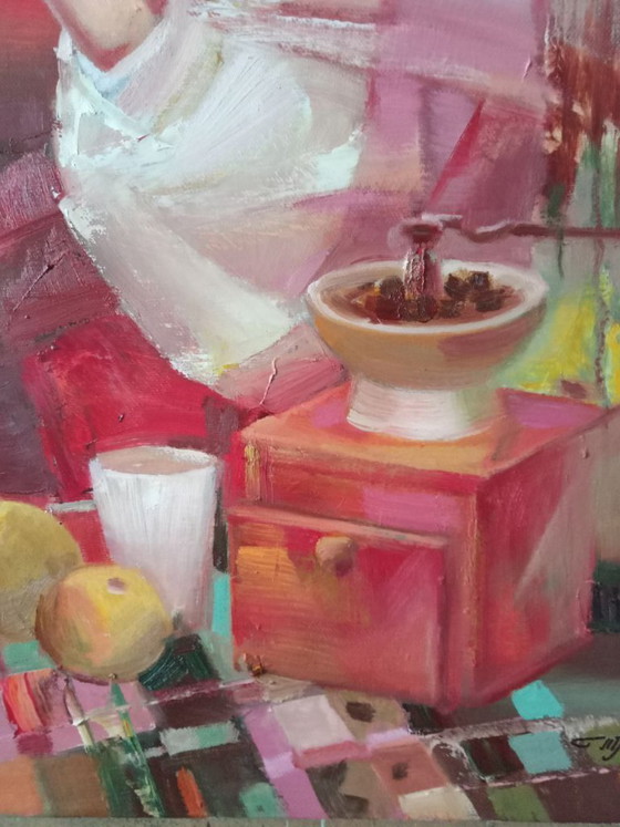 Peinture à l'Huile Originale Figurative Abstraite Fille Une Tasse de Café – Peintures et dessins, Canvas (photo 5 of 9)