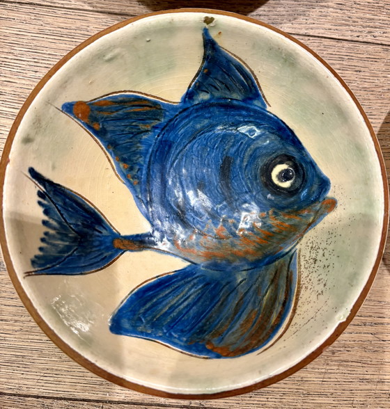 Image 1 of Set of 6 handmade studio ceramic bowls with fish decorations (Puigdemont?) – 1970s/80s