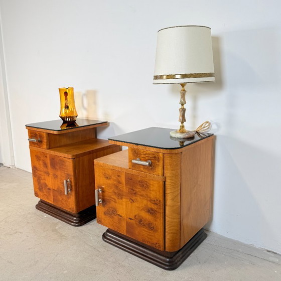 Set of 2 Walnut Burl Nightstands, Jindřich Halabala, Glass, Wood, Brown (photo 3 of 14)