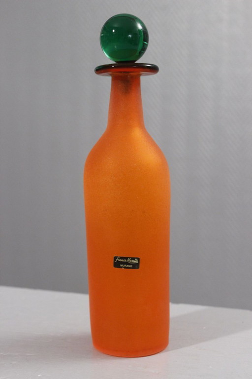 Franco Moretti in Murano - Scavo orange & green carafe bottle Italy 1980s