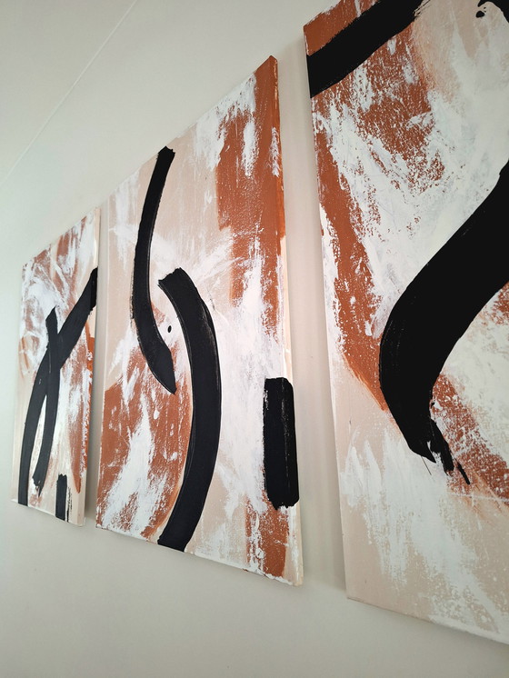 Image 1 of Triptych three paintings japandi terracotta