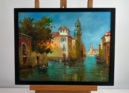 Original Oil Painting River Street Landscape Water channels of the city walls
