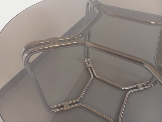 Image 1 of Round vintage dining table in smoked glass and chromed metal in the Space Age style of the 70s