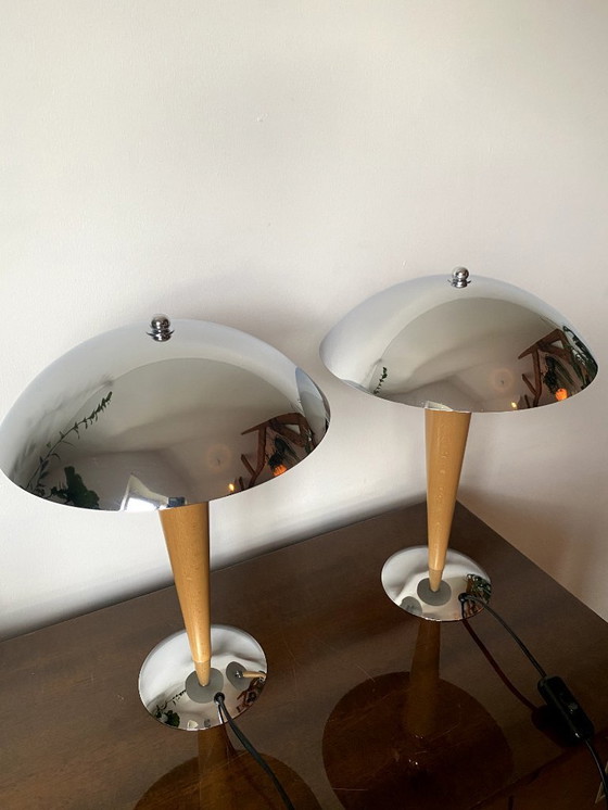 Image 1 of 2x Mid - Century Massive Chrome Mushroom Table Lamp Desk Lamp