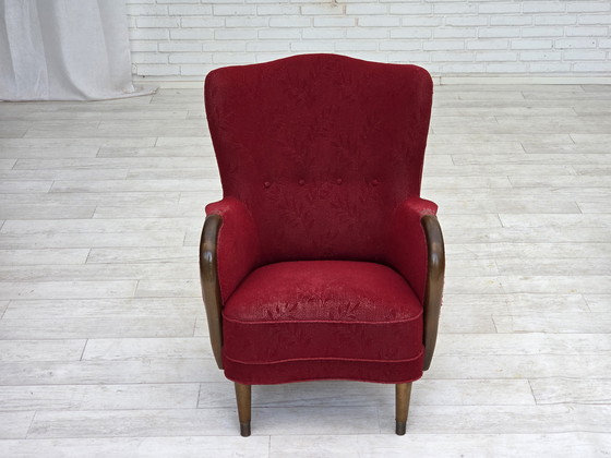 Image 1 of 1960s, fauteuil danois, état original, tissu en laine, pieds en bois de hêtre.