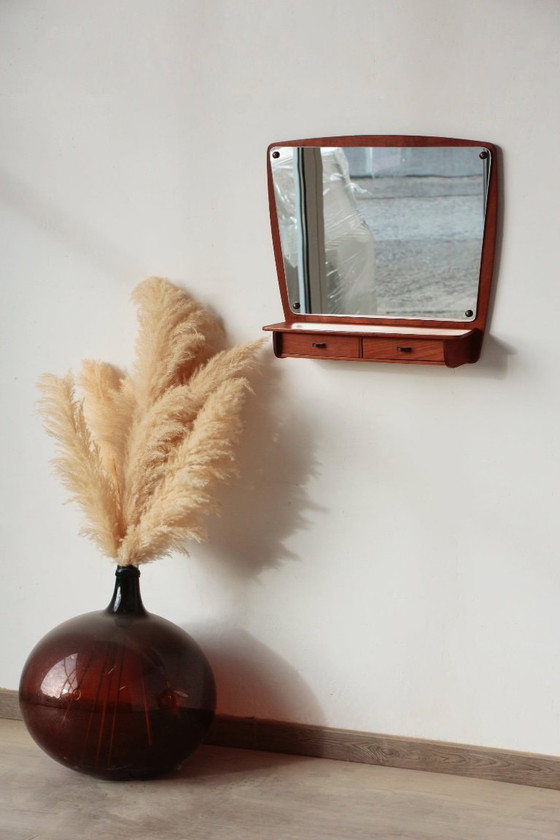 Image 1 of Scandinavian Teak Wall Mirror with Drawers – Mid-Century Danish Design