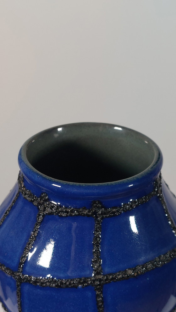 Image 1 of Vintage Ceramic Vase Fat Lava Spiderweb Blue