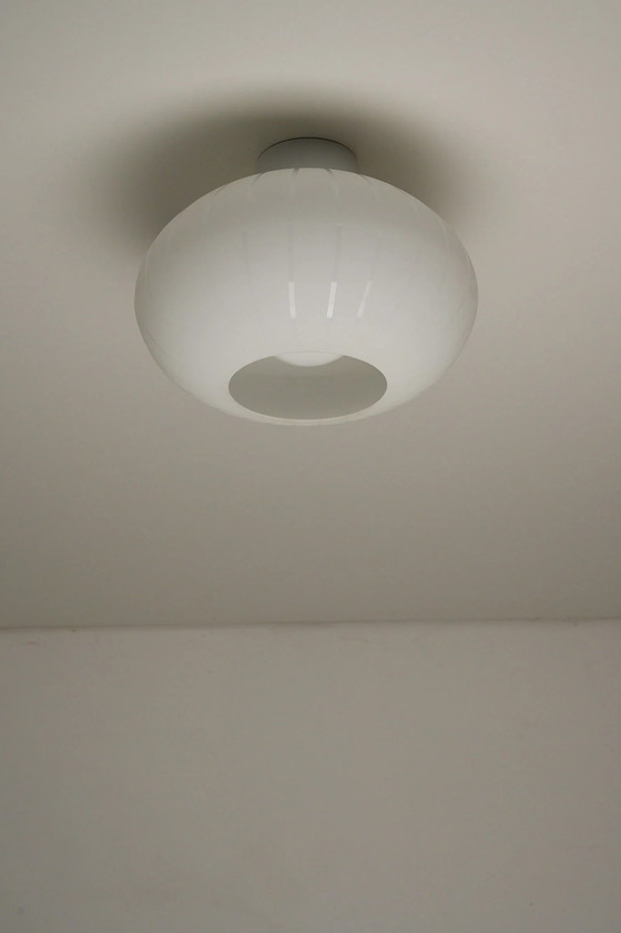 Medium Striped Opaline Glass Flush Mount Ceiling Light, Metal, White (photo 4 of 9)