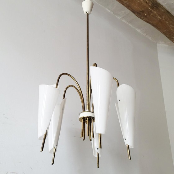 Image 1 of VINTAGE PENDANT CHANDELIER 1950 STILNOVO PERSPEX PLEXIGLAS BRASS 50S 1950S ITALY