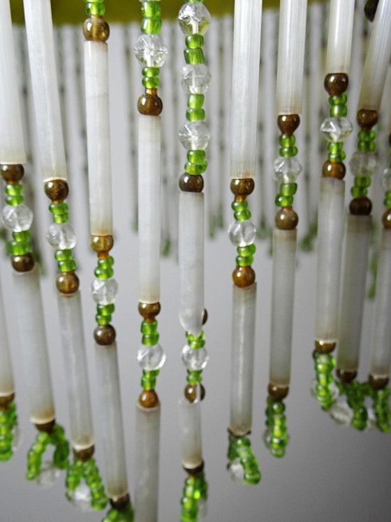 Antieke Art Deco Lampenkap van Geel Gemarmerd Glas met Kralenfranjes – Art déco, Decoratieve objecten (photo 14 of 14)