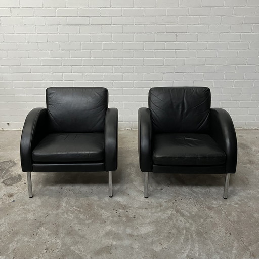 Black Leather Vintage Design Armchairs