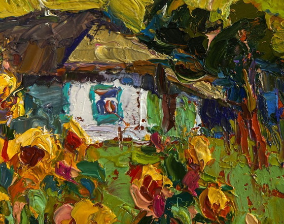Image 1 of Original Oil Painting Country Flowers Landscape There are sunflowers in the yard