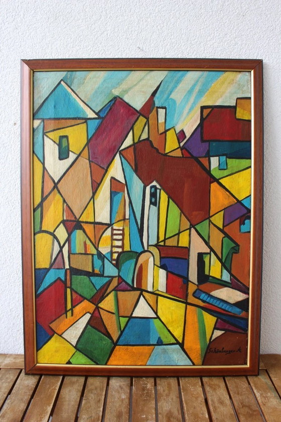 Image 1 of Ritratto modernista di metà secolo, monogramma firmato 'P D' - Dipinto ad olio cubista vibrante