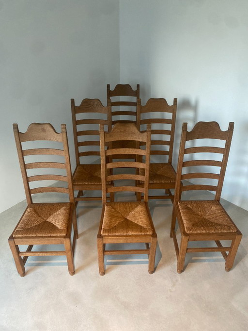 Set Of 6 Solid Oak Ladderback Chairs - French Corner Style, Vintage