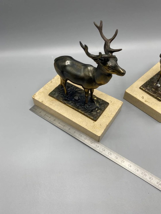2 Bronzed Spelter Deer Bookends on Marble Base, Art Deco Animal – Sculpture (photo 7 of 8)