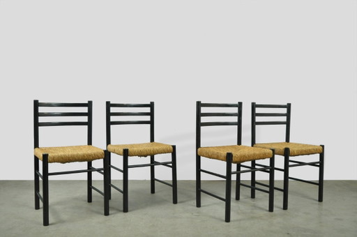 Mid-Central modern dining chairs with rush seats, 1960s