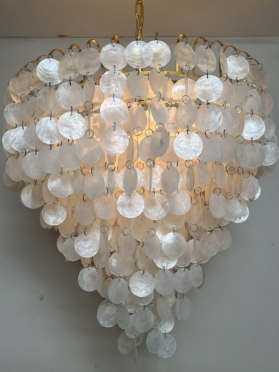 Image 1 of Xl lampe pendante vintage en coquillage capiz chandelier cadre doré