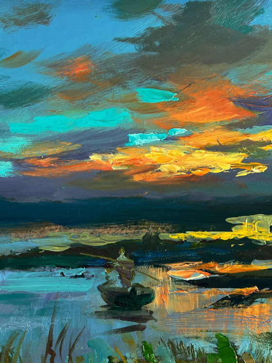 Impressionistisches Landschafts-Ölgemälde mit Boot und Sonnenuntergangsfischen, Gemälde & Zeichnungen, Holz (Foto 7 von 11)